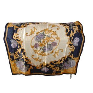 Vintage 1996 Liz Claiborne Scarf 100% Silk Navy White & Gold 30x30